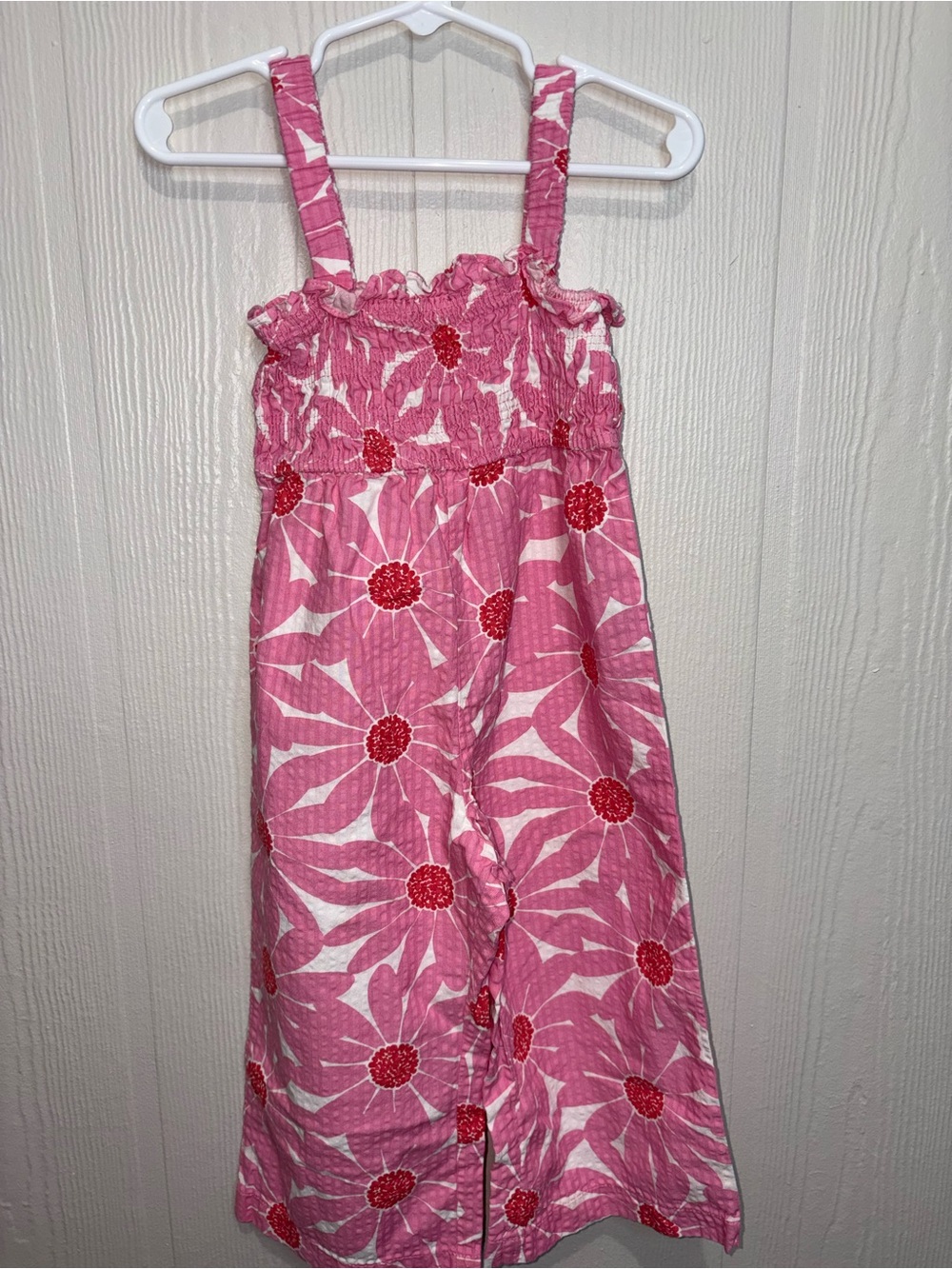 Girls Pink Floral Smocked Romper Jumpsuit